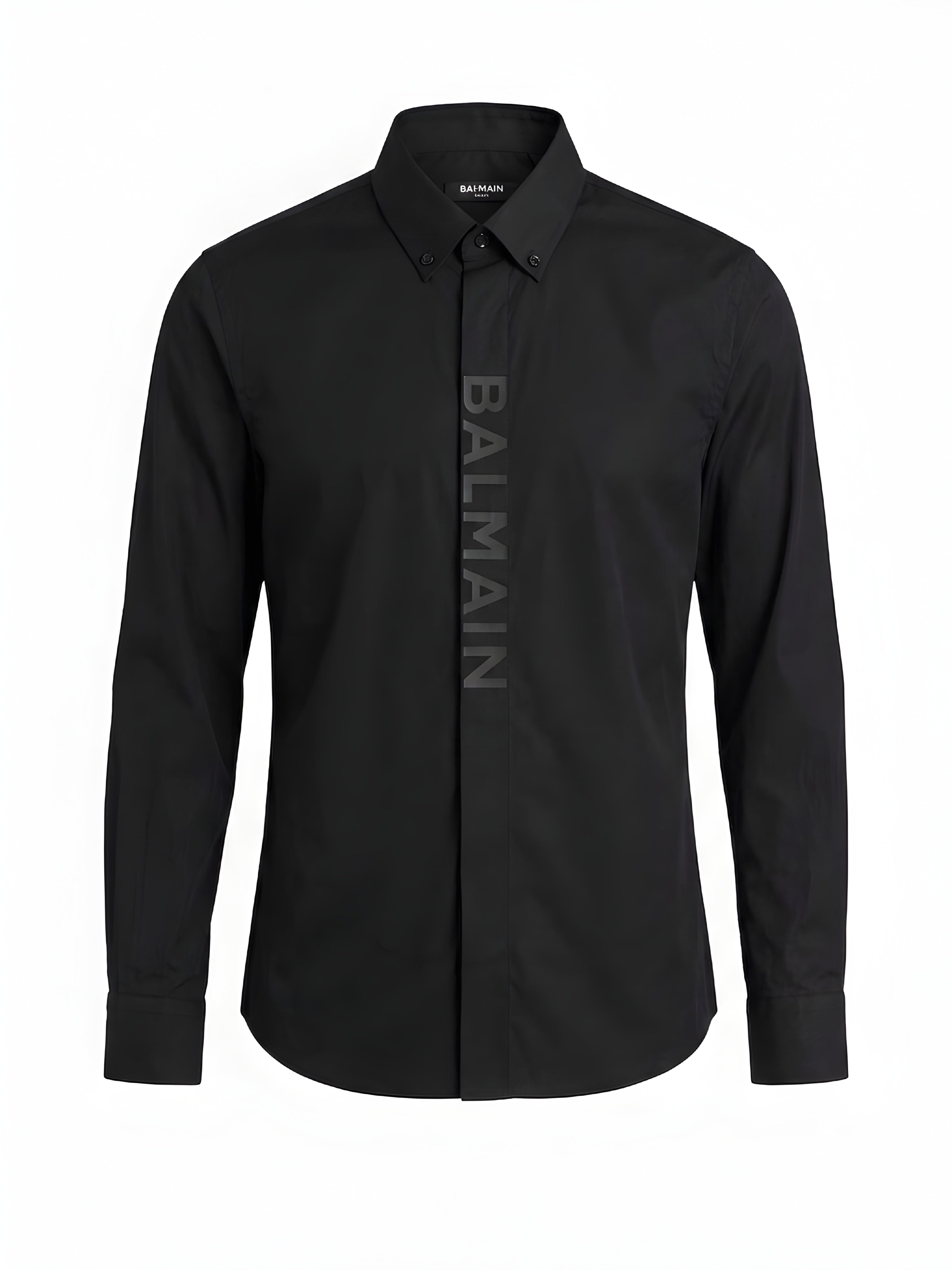 BALMAIN BIG TEXT VERTICAL BUTTON BLACK LONG SHIRT