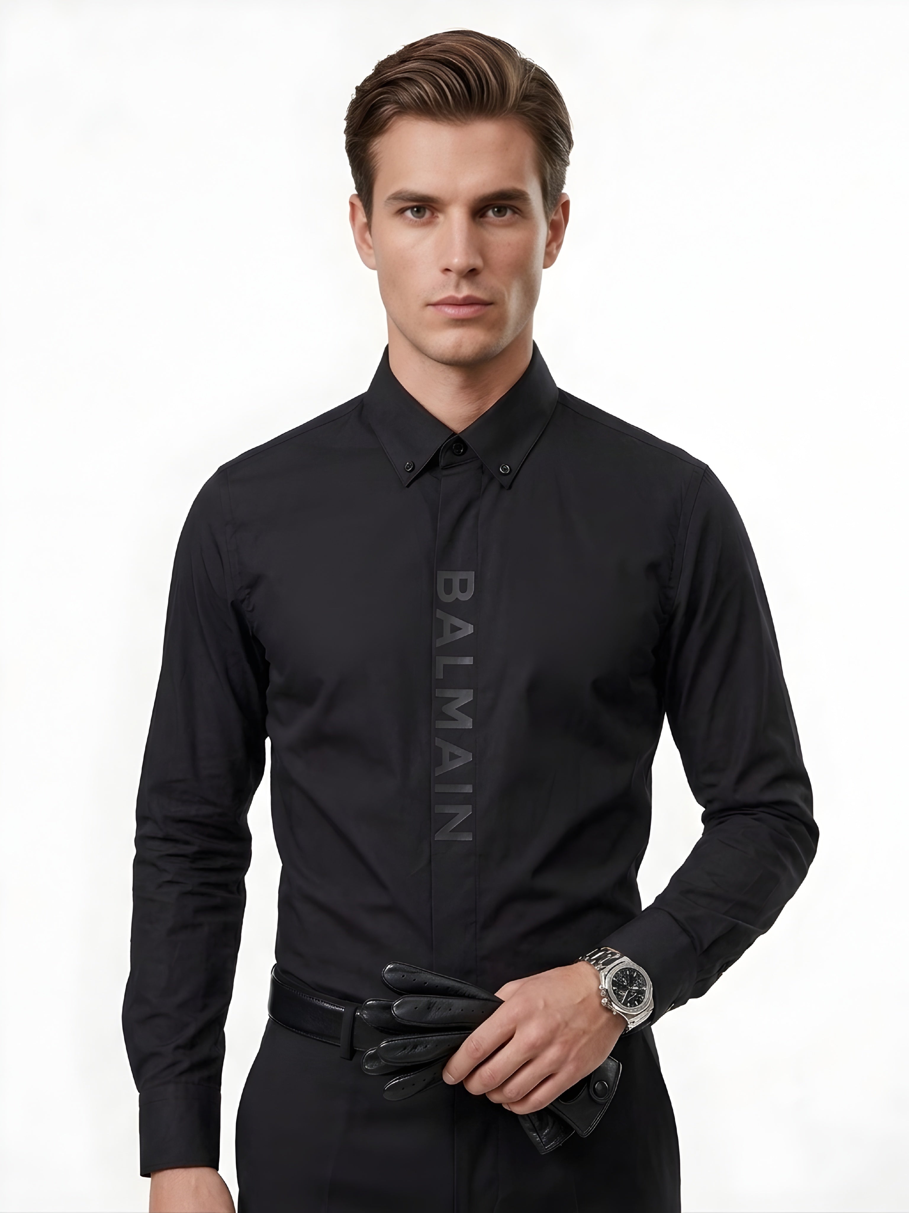 BALMAIN BIG TEXT VERTICAL BUTTON BLACK LONG SHIRT