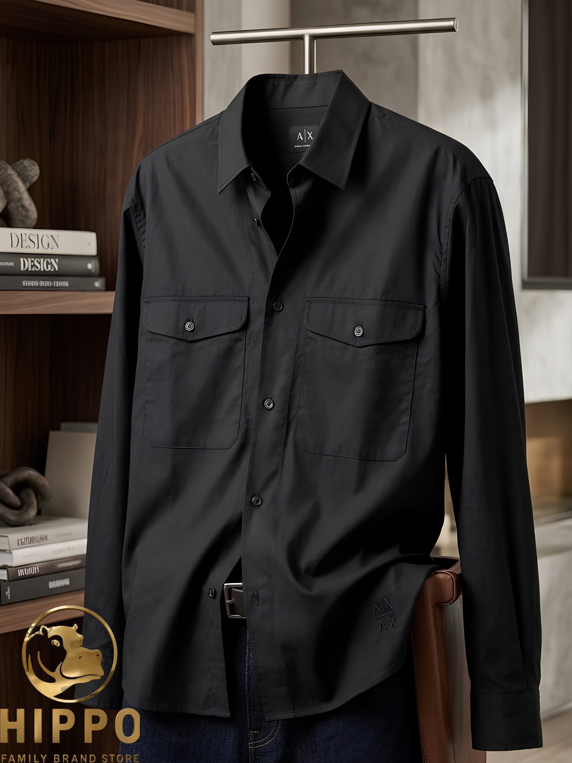 Armani Exchange Men's Black Relaxed Shirt With A Classic Collar