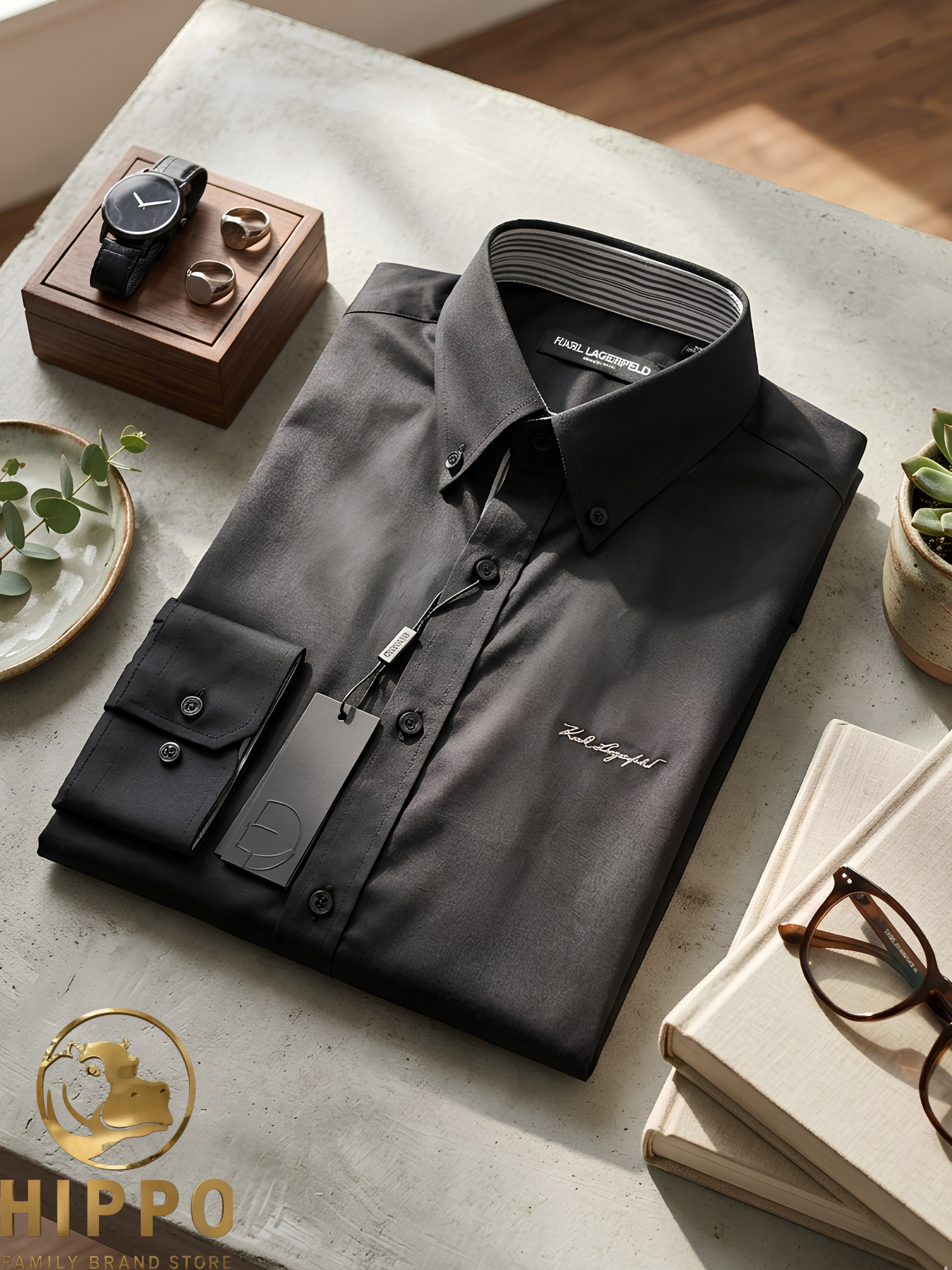 Karl Lagerfeld Paris Trim Fit Log Embroidered Cotton Dress Shirt