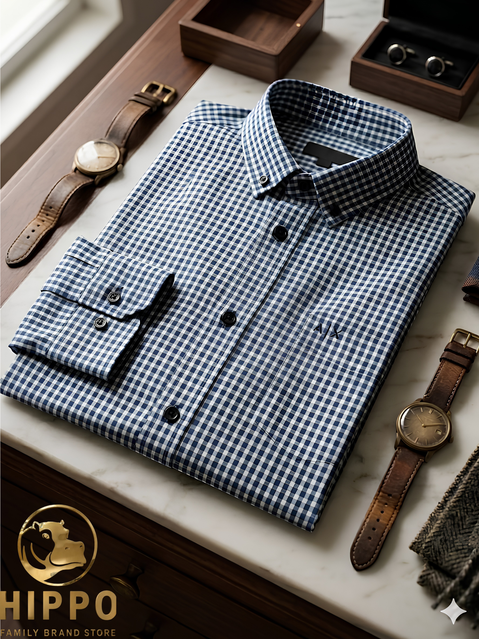Armani Exchange Men's Checkered Shirt Blue Regular Fit