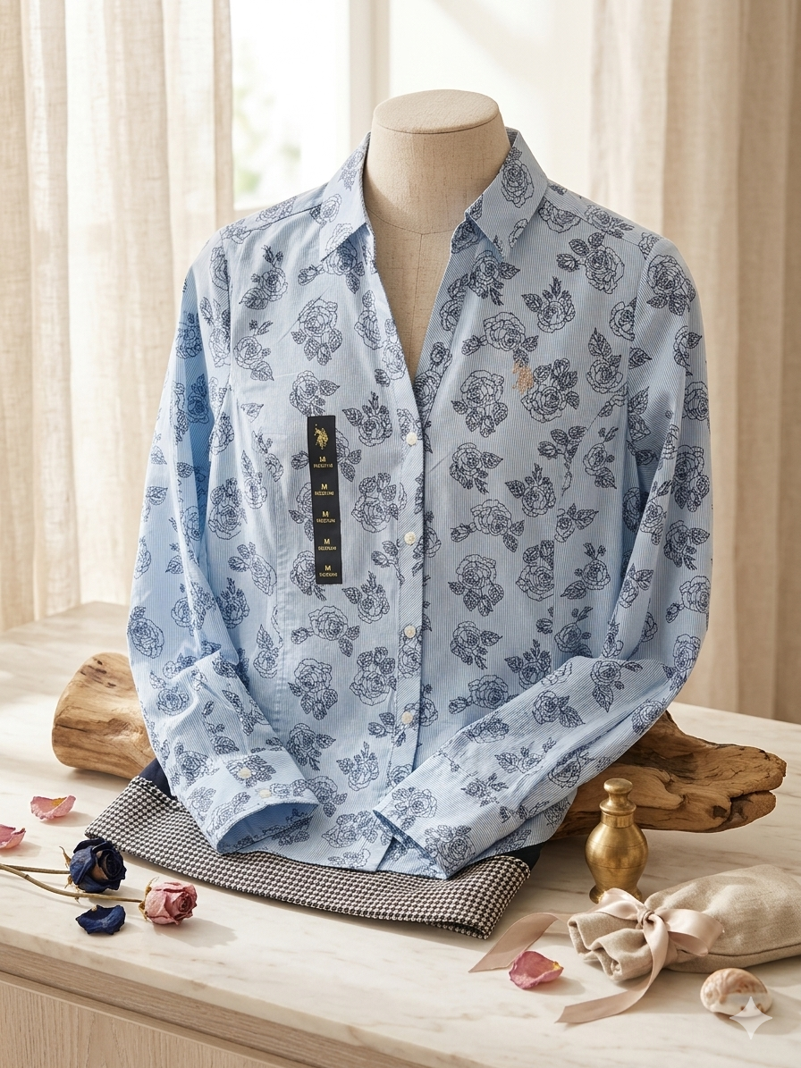 US POLO ASSN LONG SLEEVE FITTED PRINTED POPLIN SHIRT