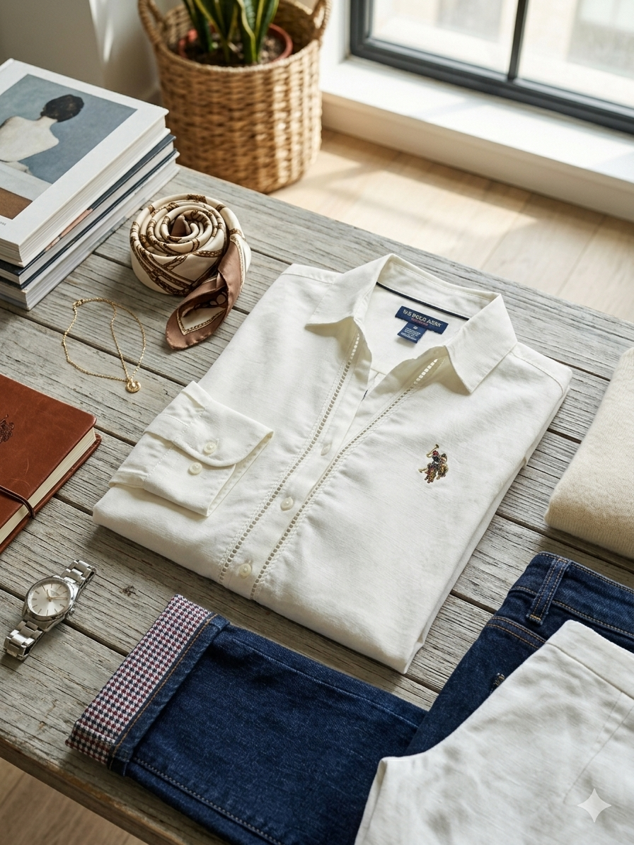 USPA Crochet Trim Linen Long Sleeve Shirt