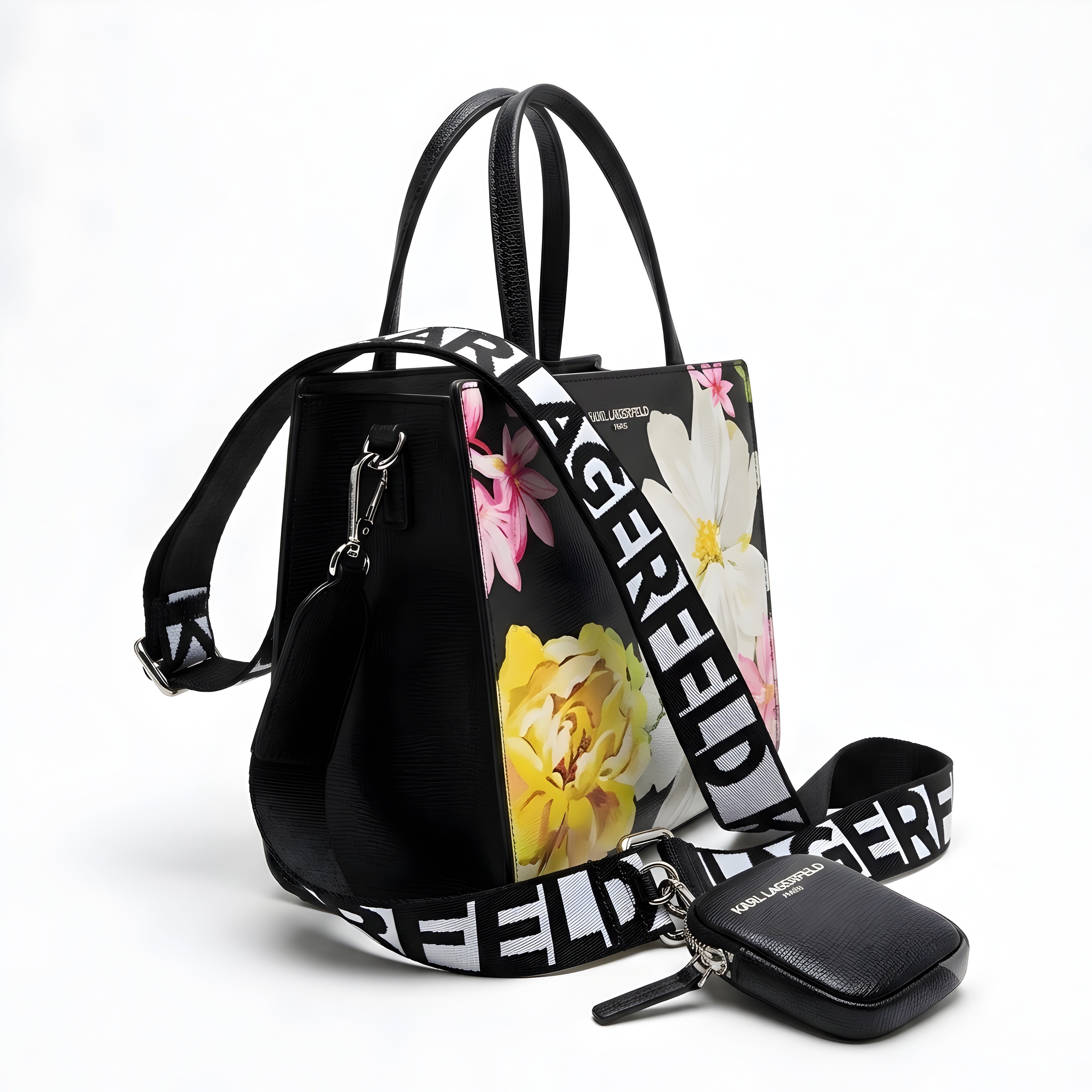 Karl Lagerfeld Black Multicolor Floral Sunflower Satchel Bag