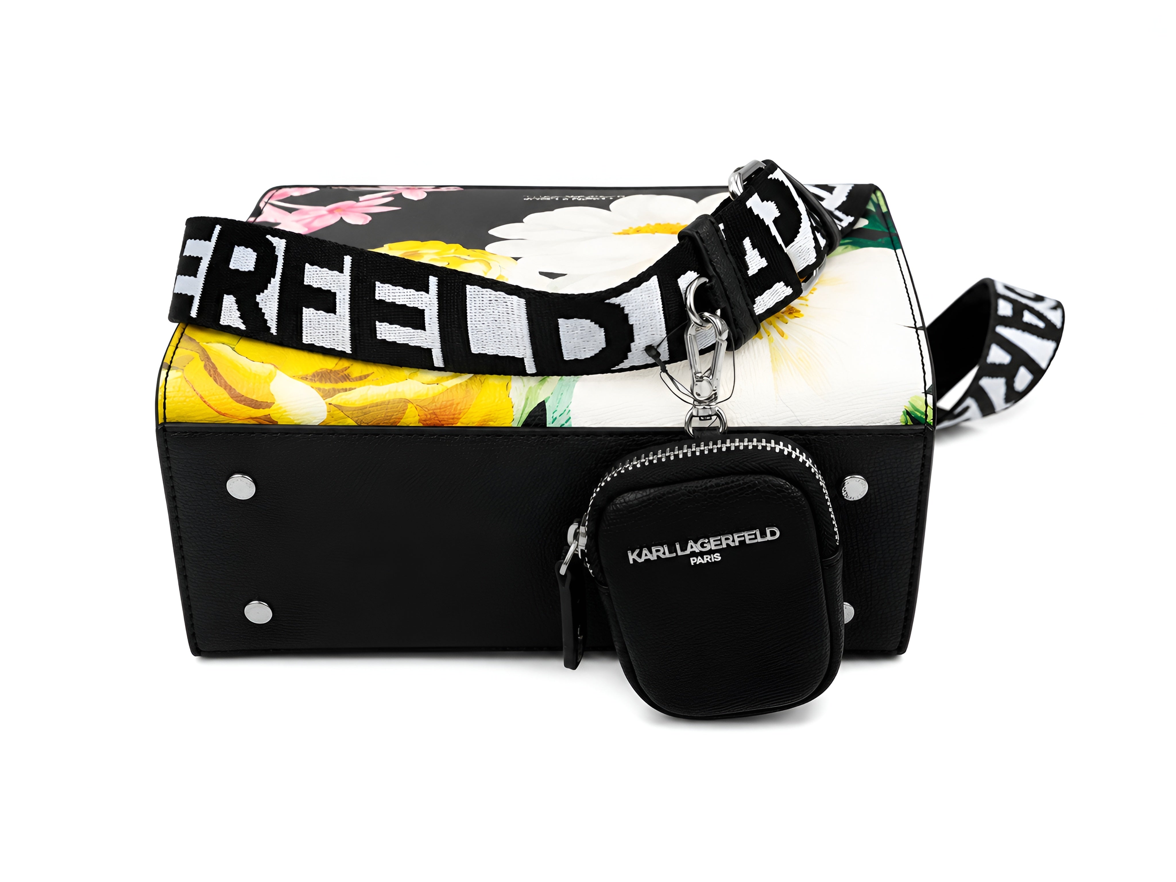 Karl Lagerfeld Black Multicolor Floral Sunflower Satchel Bag