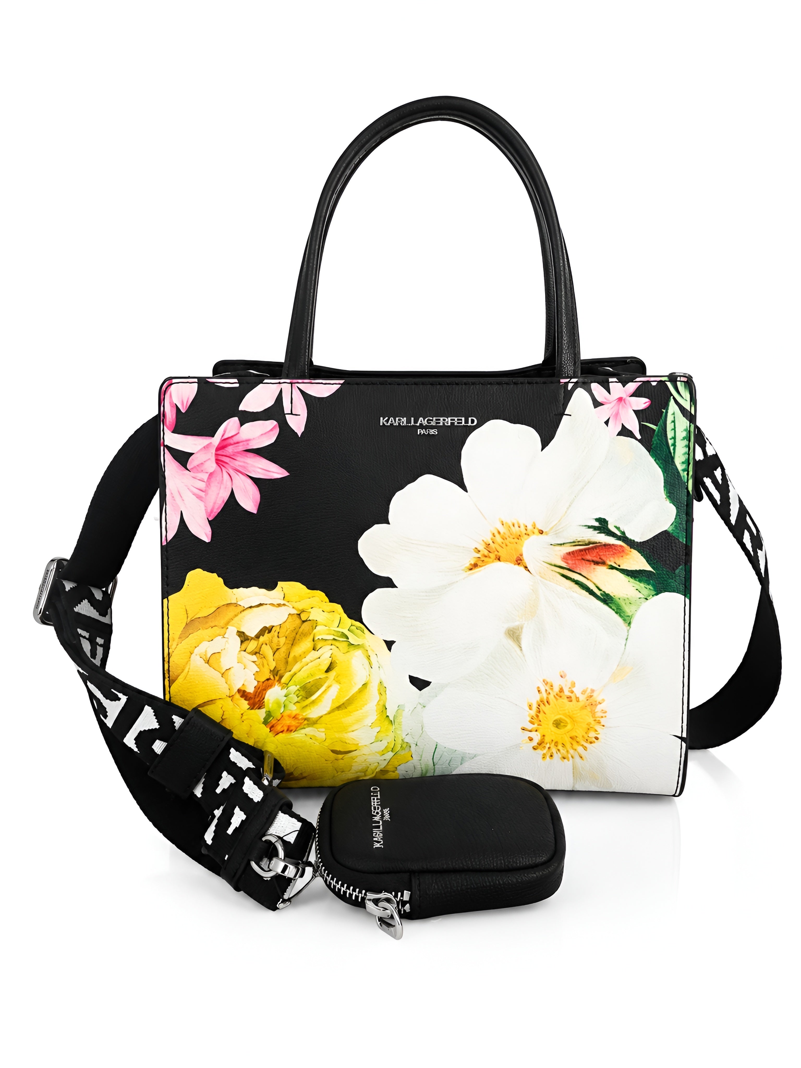 Karl Lagerfeld Black Multicolor Floral Sunflower Satchel Bag