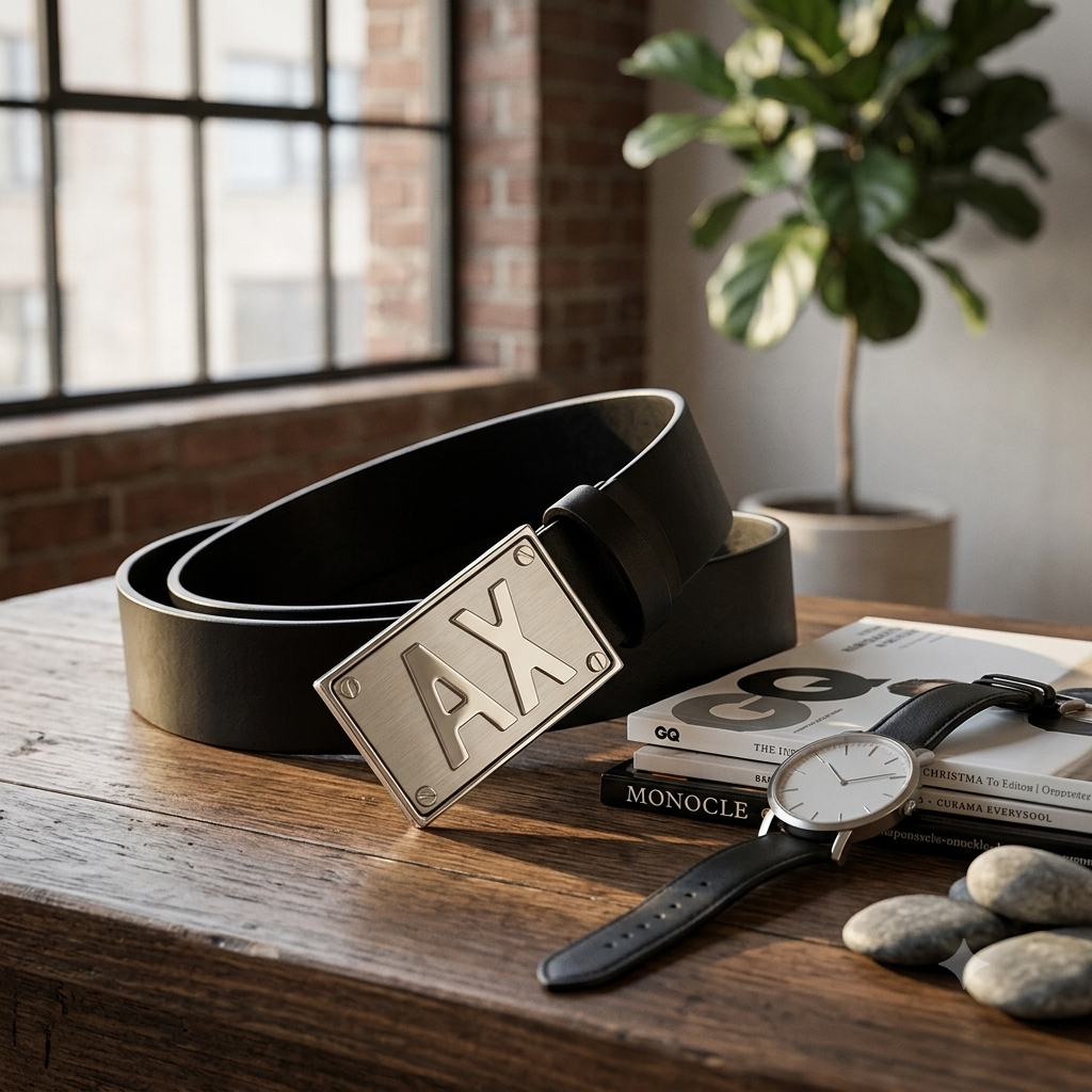 Armani Exchange Leather Plate Buckel Black Belt