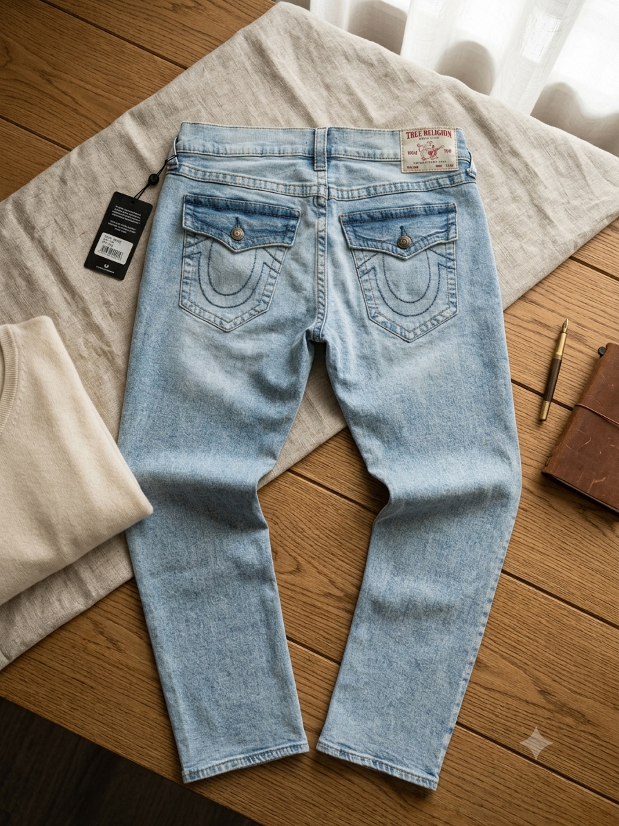 TRUE RELIGION ONLINE EXCLUSIVE GENO FITTED JEANS WITH FLAPS