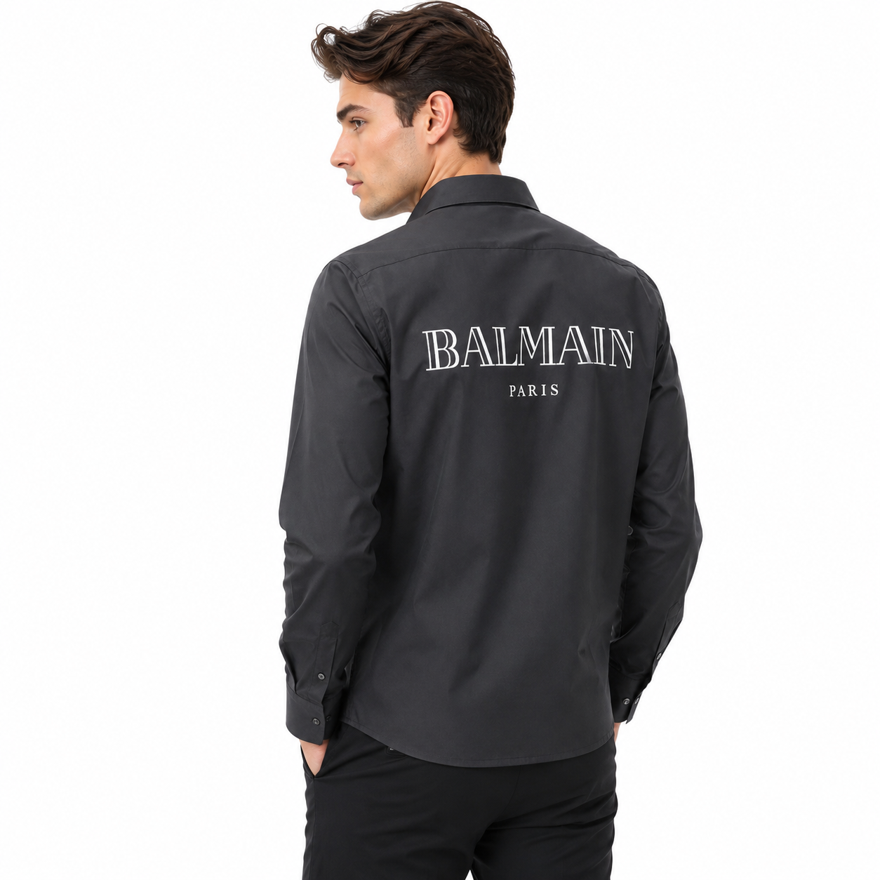 Balmain Man's Black Shirt With Embroidered Crest Patch