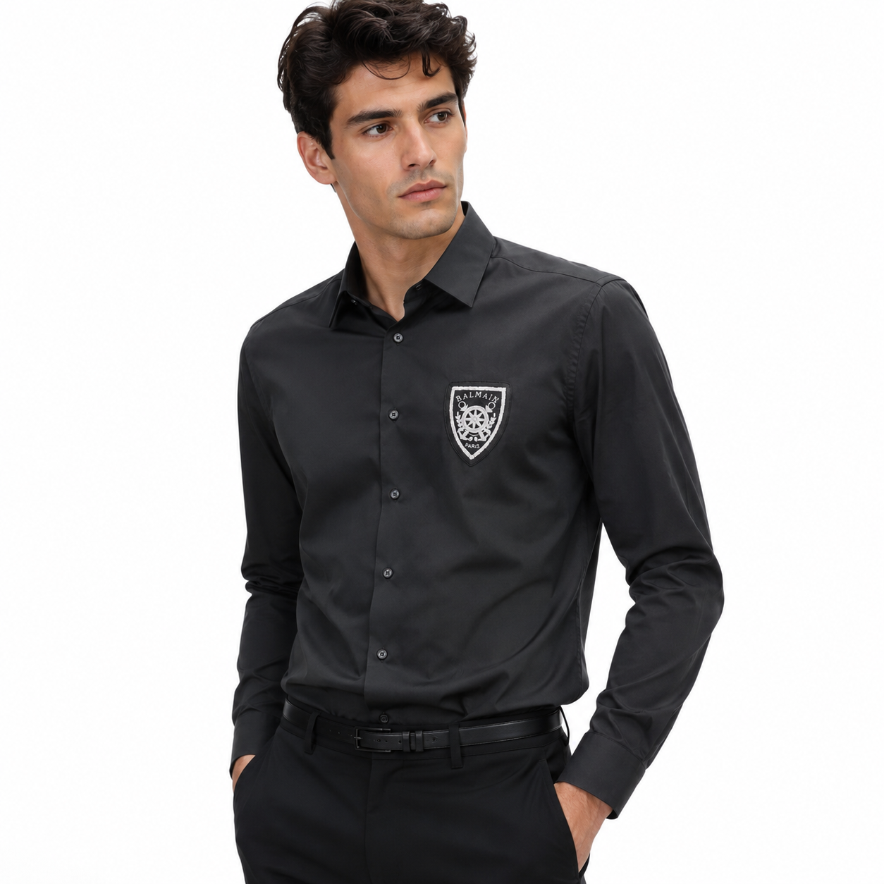 Balmain Man's Black Shirt With Embroidered Crest Patch