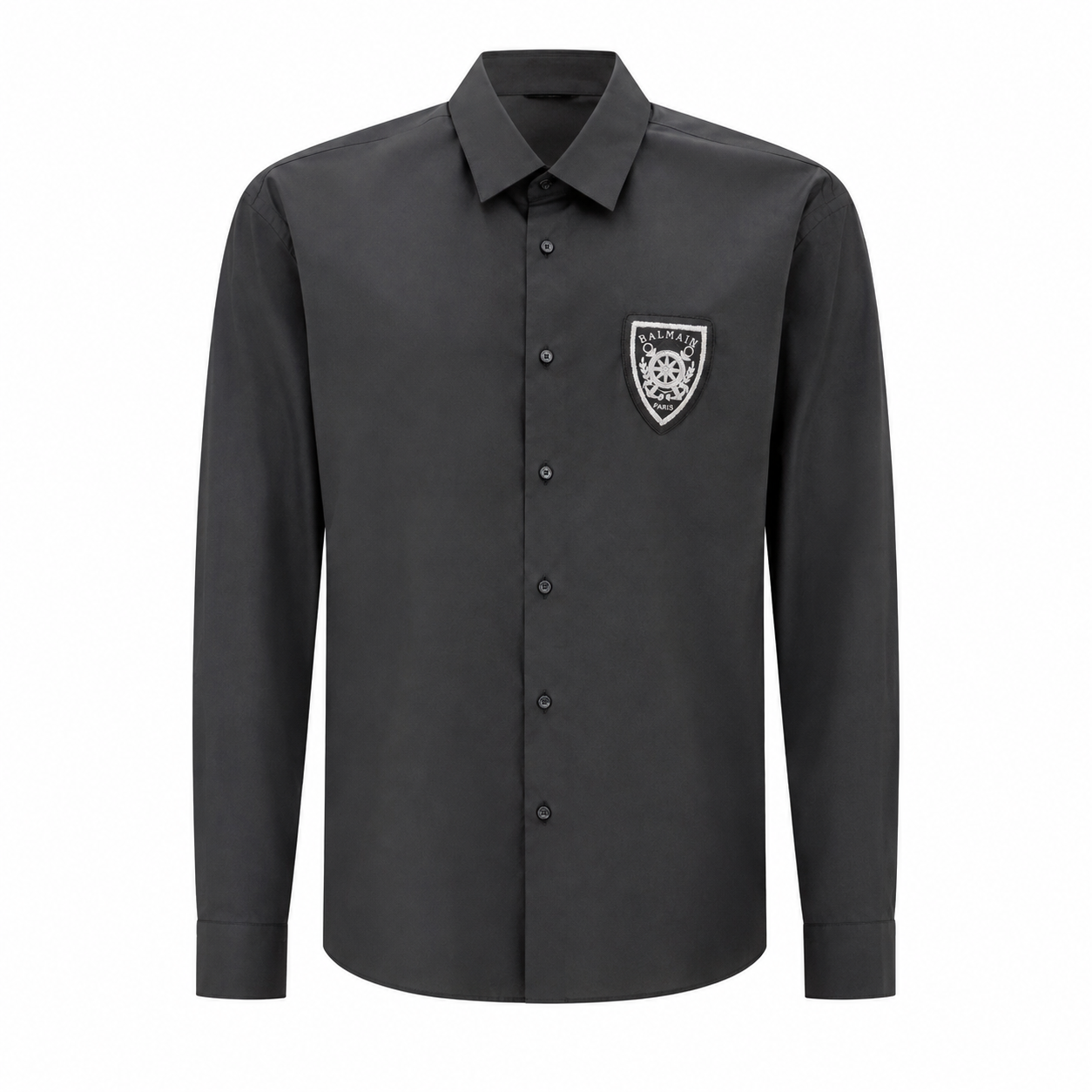 Balmain Man's Black Shirt With Embroidered Crest Patch