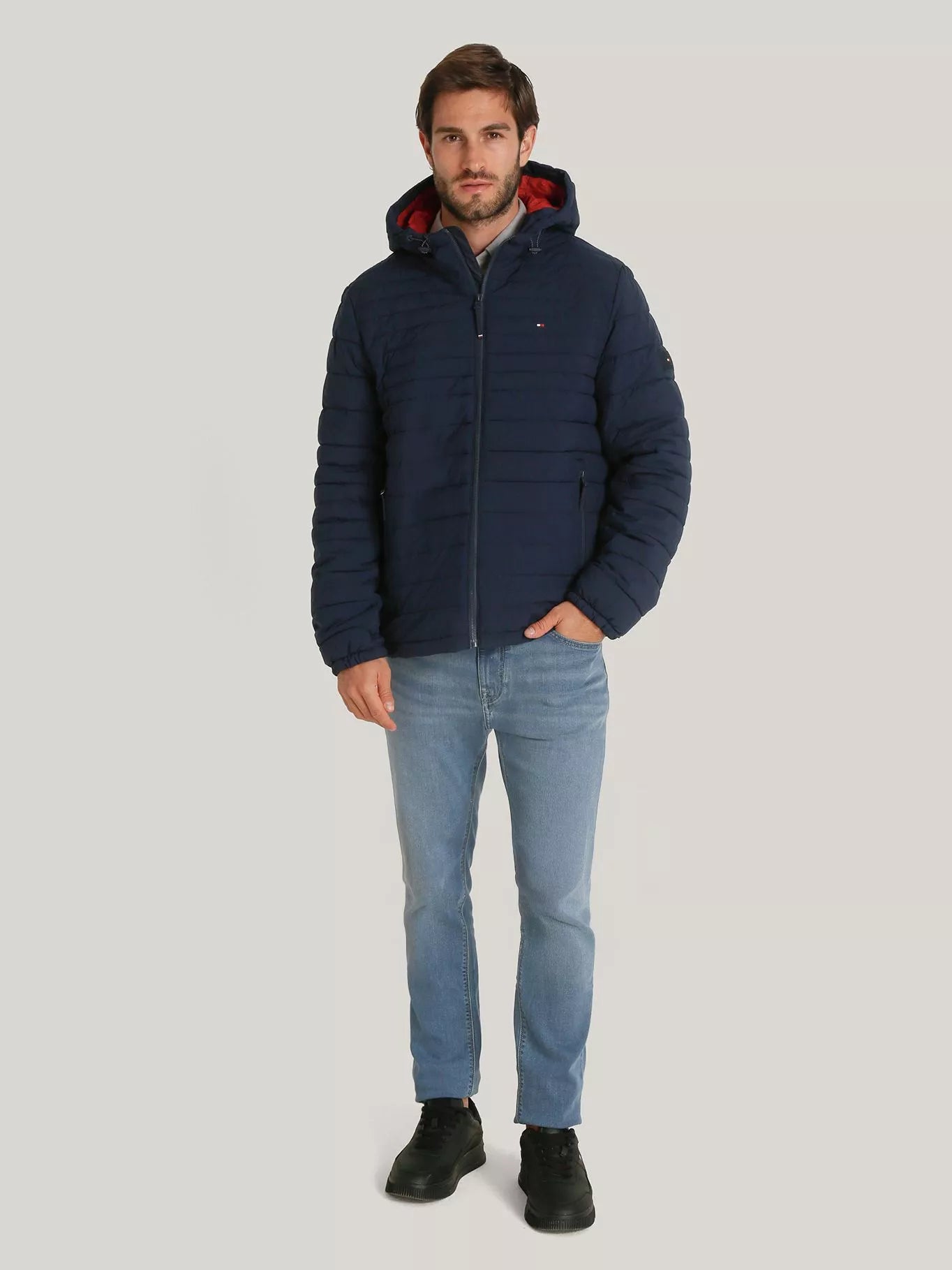 Tommy Hilfiger Stretch Quilted Coat Black Puffer Jacket Hooded Hoody