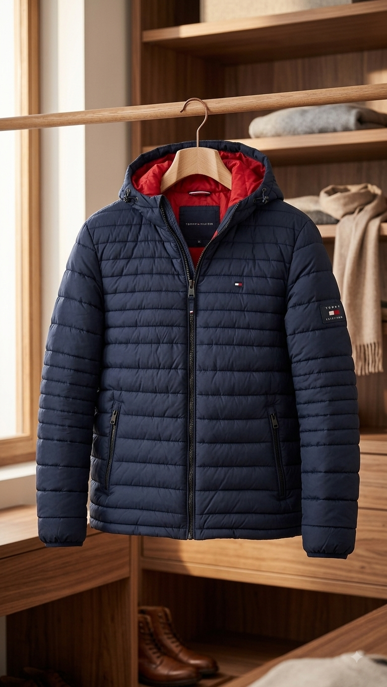 Tommy Hilfiger Stretch Quilted Coat Black Puffer Jacket Hooded Hoody