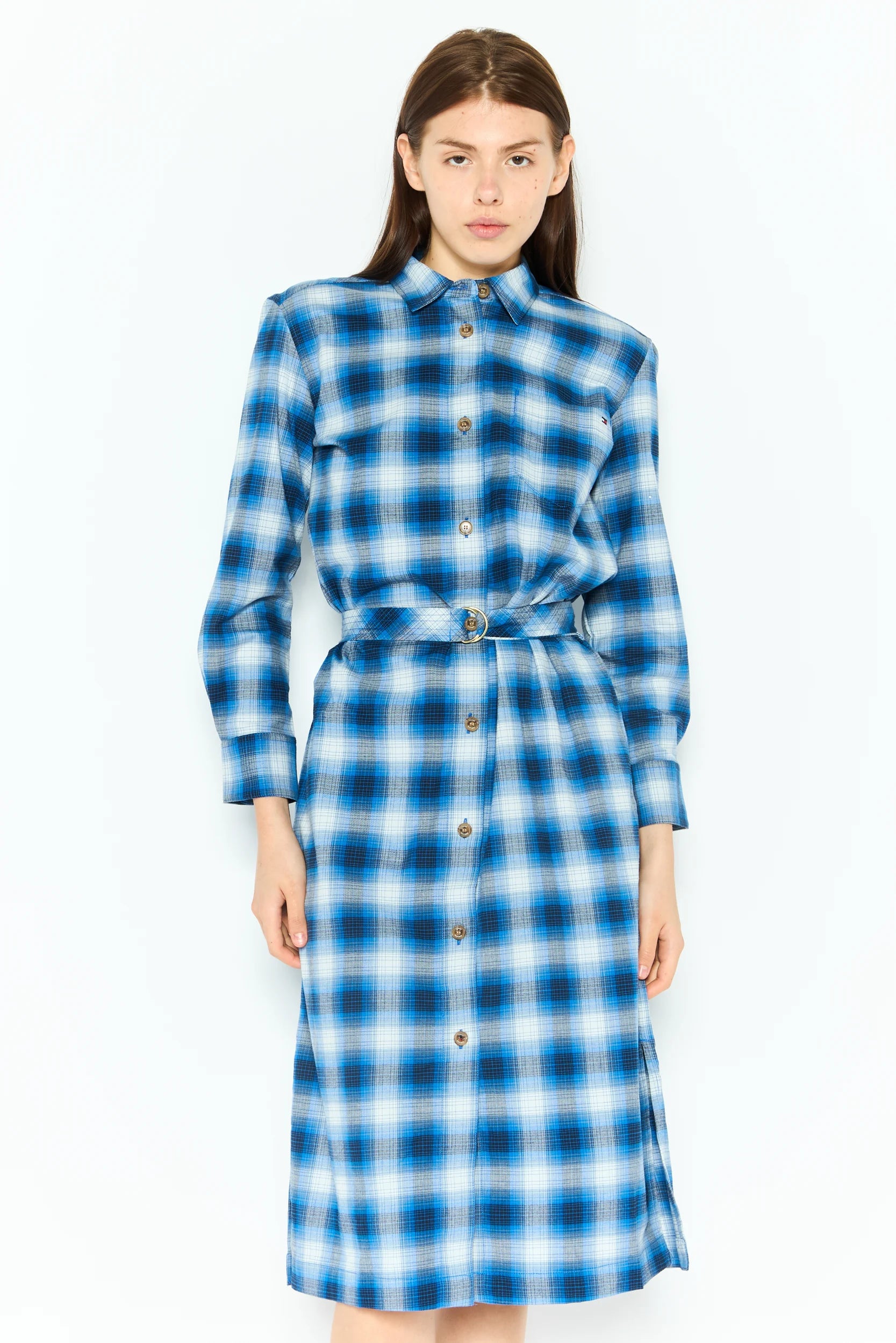 TOMMY HILFIGER Women Plaid Belted Shirt Dress, Blue Combo