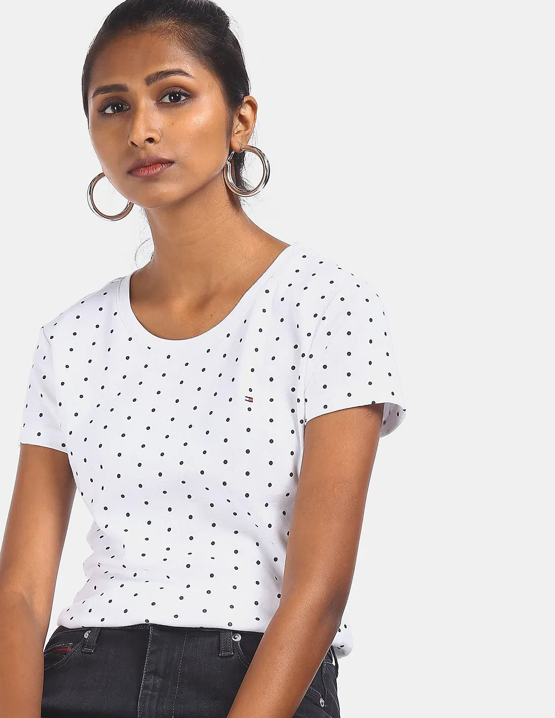 TOMMY HILFIGER Women White and navy Crew Neck Allover Polka Dot Print T-Shirt
