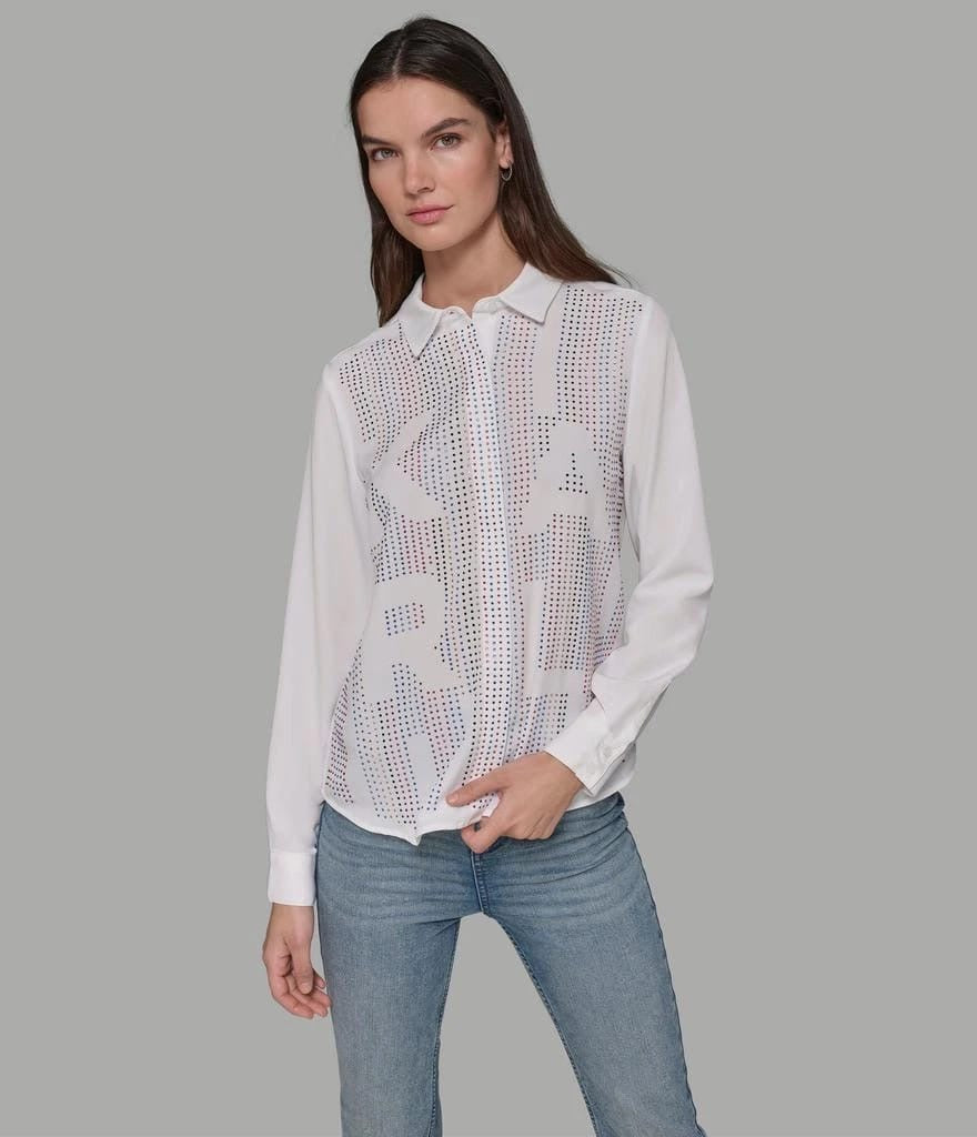 KARL LAGERFELD Women's Embellished Logo Button-front Top In Soft White