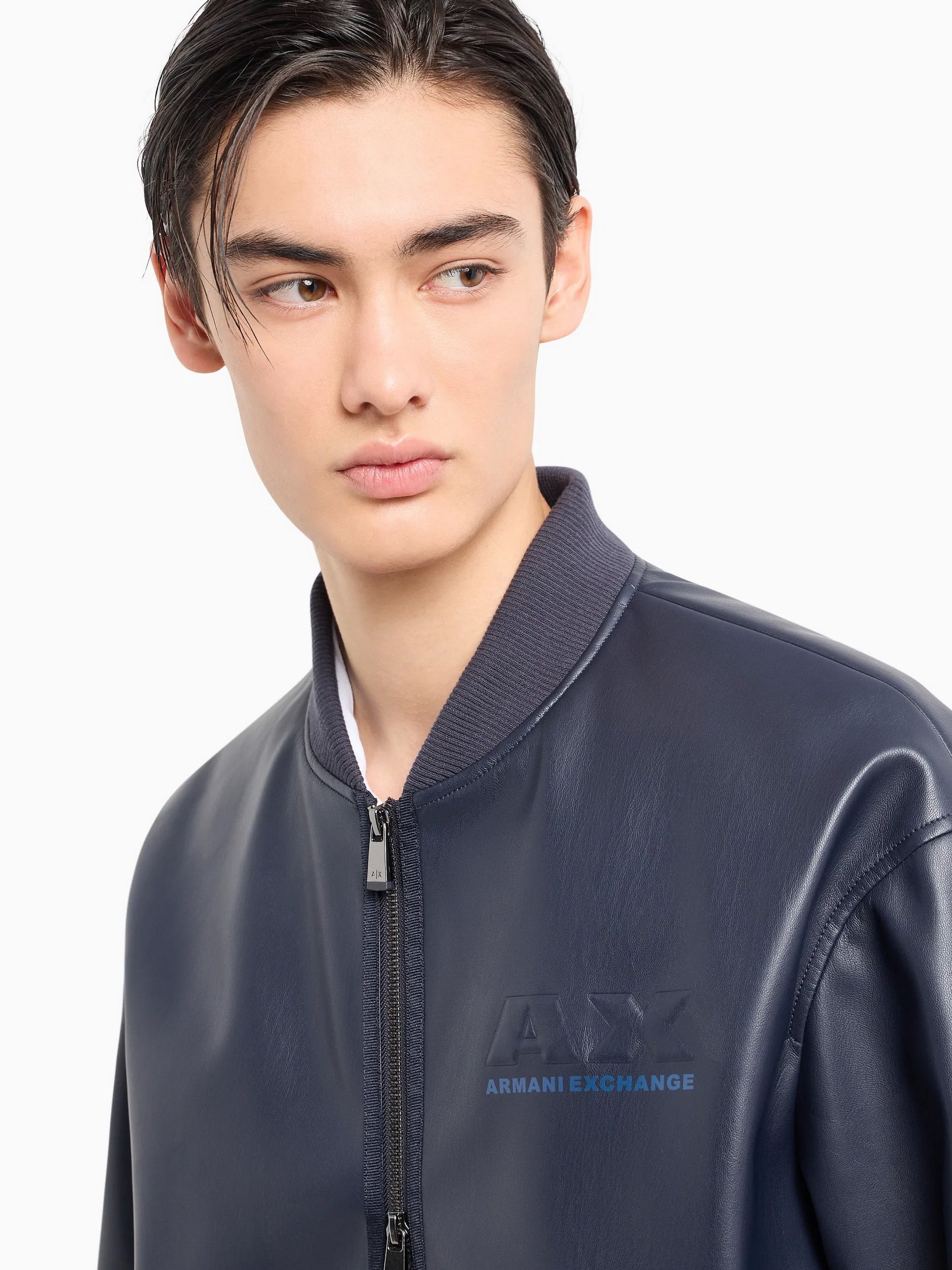 ARMANI EXCHANGE Men's Faux Leather Embossed Logo Bomber Jacket