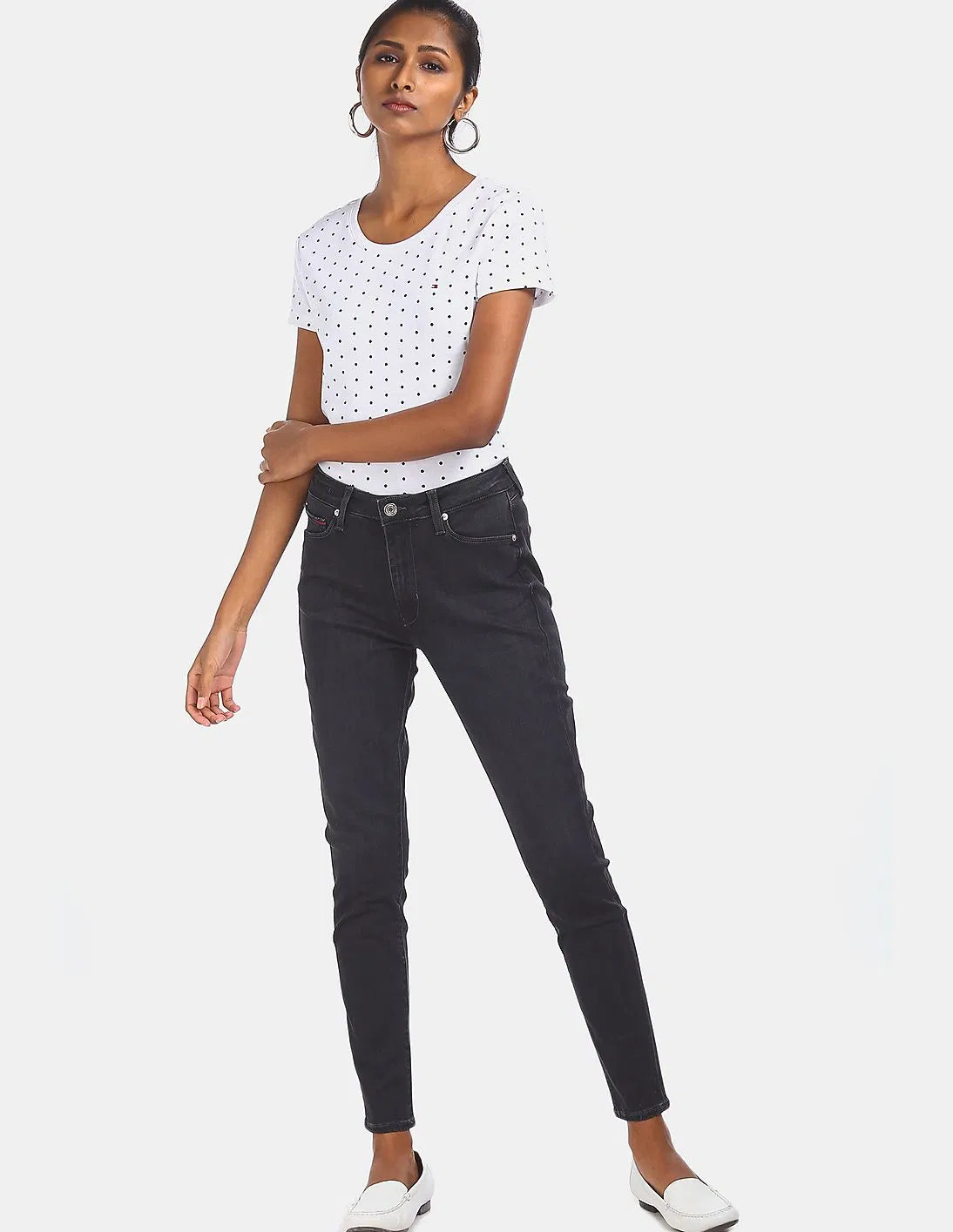 TOMMY HILFIGER Women White and navy Crew Neck Allover Polka Dot Print T-Shirt
