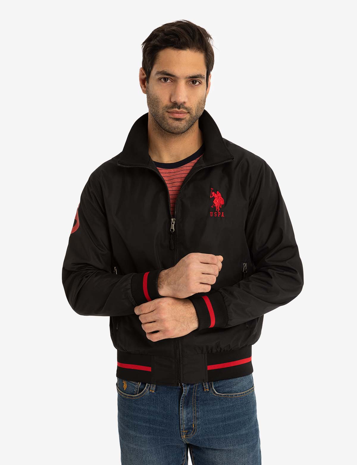 US. POLO ASSN. Men’s Black Bomber Jacket with Red Accents