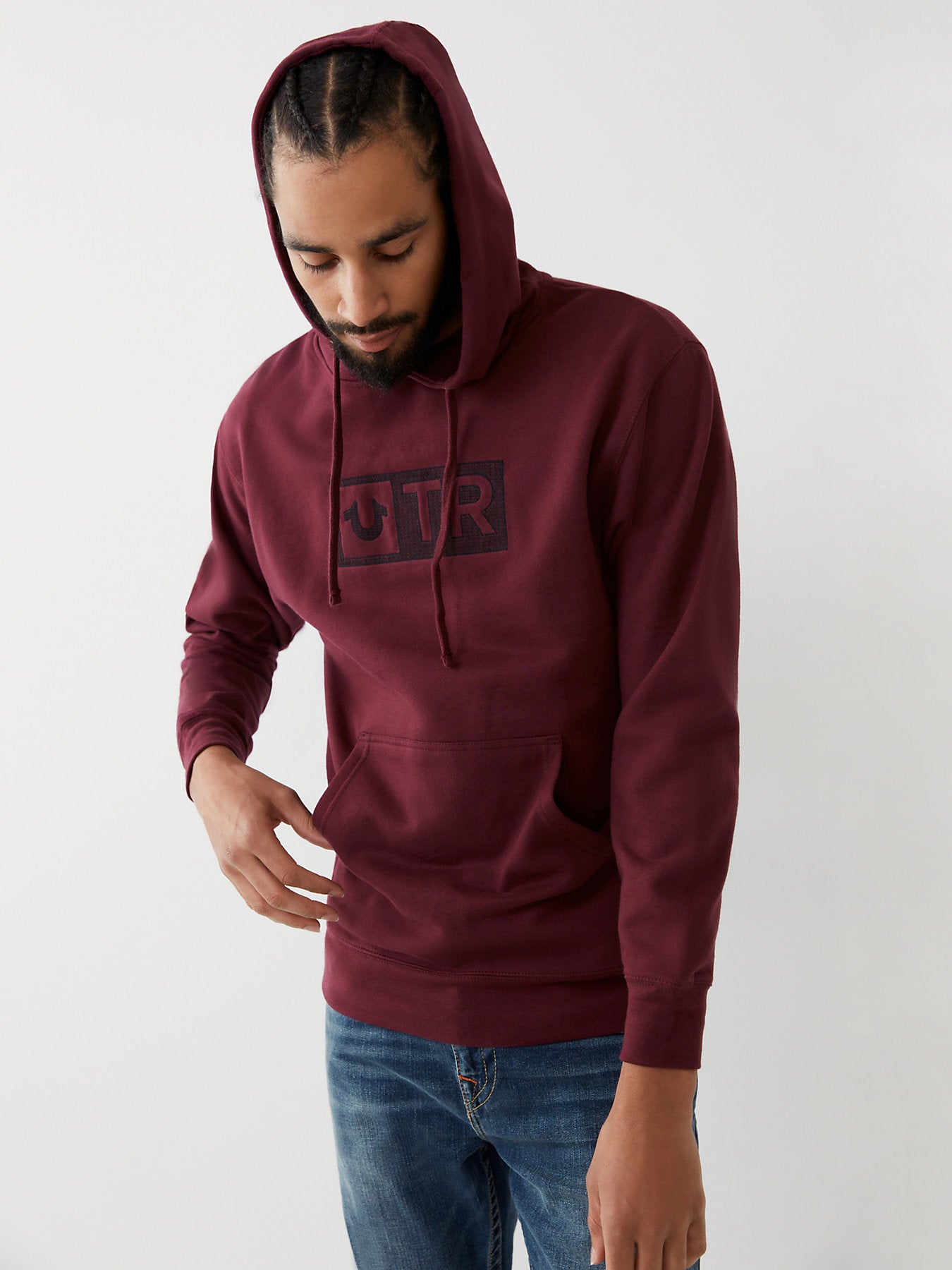 TRUE RELIGION Men's Embroidered TR Box Logo Pullover Hoodie Sweatshirt
