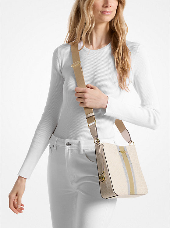 MICHAEL KORS Jet Set Travel Small Signature Logo and Metallic Messenger Bag