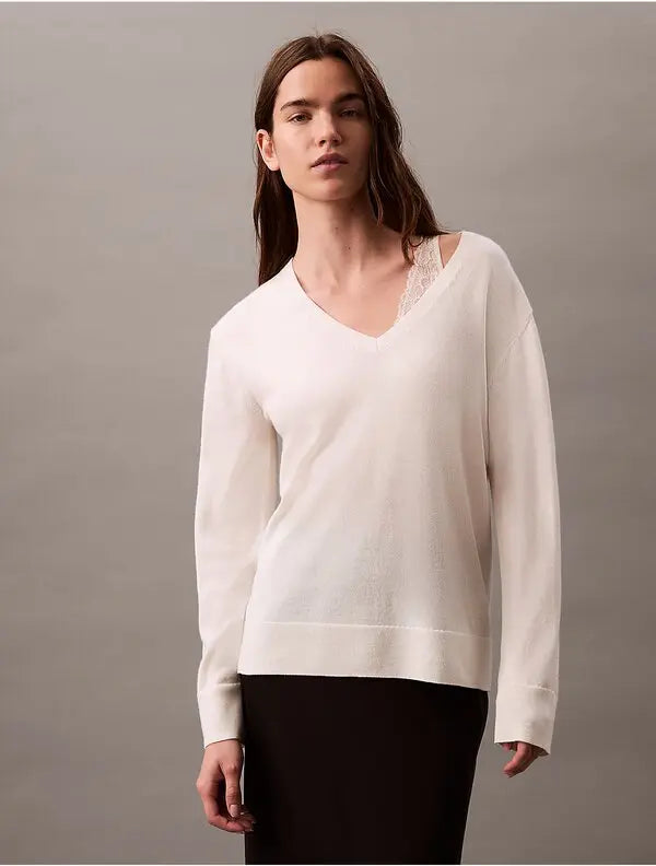 CALVIN KLEIN extra fine merino blend v-neck sweater - antique white