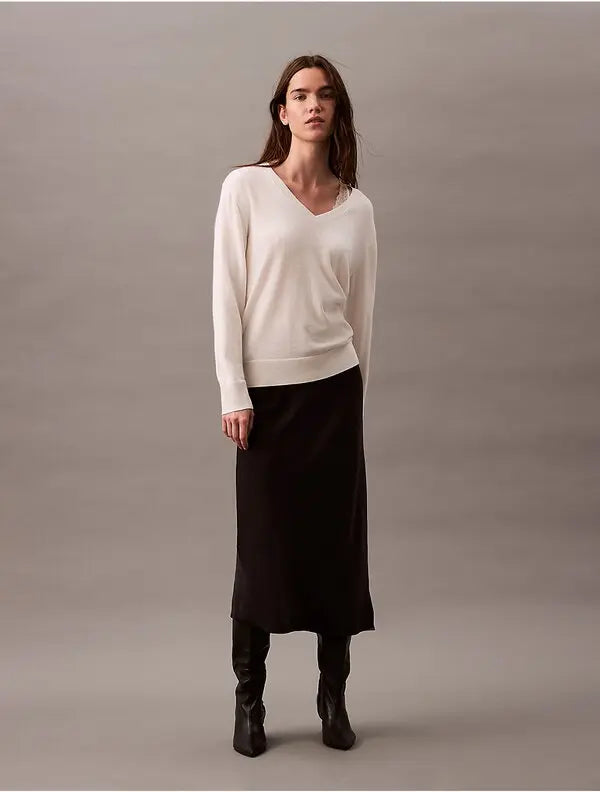 CALVIN KLEIN extra fine merino blend v-neck sweater - antique white&blck