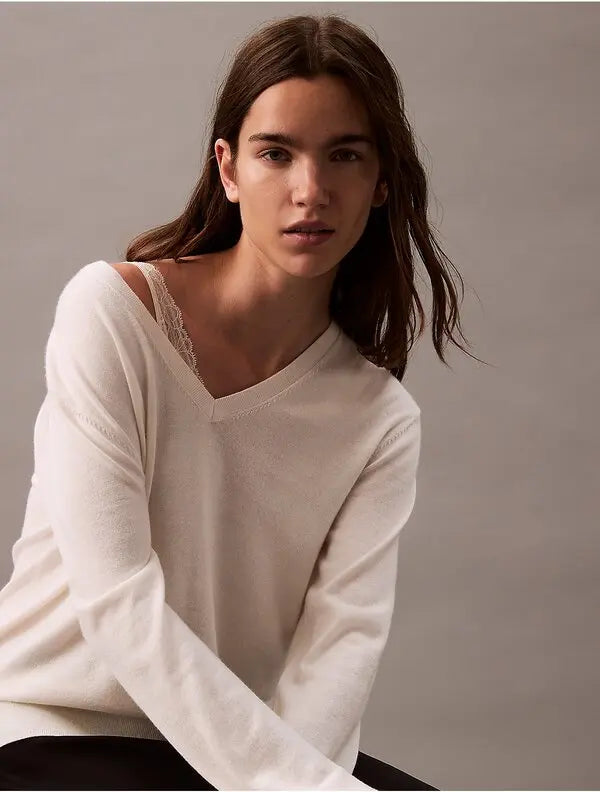 CALVIN KLEIN extra fine merino blend v-neck sweater - antique white&blck
