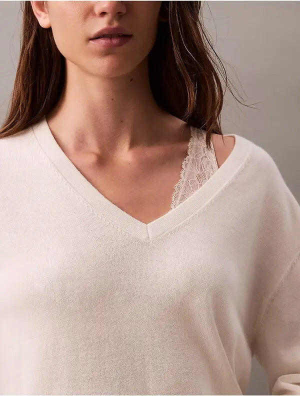 CALVIN KLEIN extra fine merino blend v-neck sweater - antique white&blck