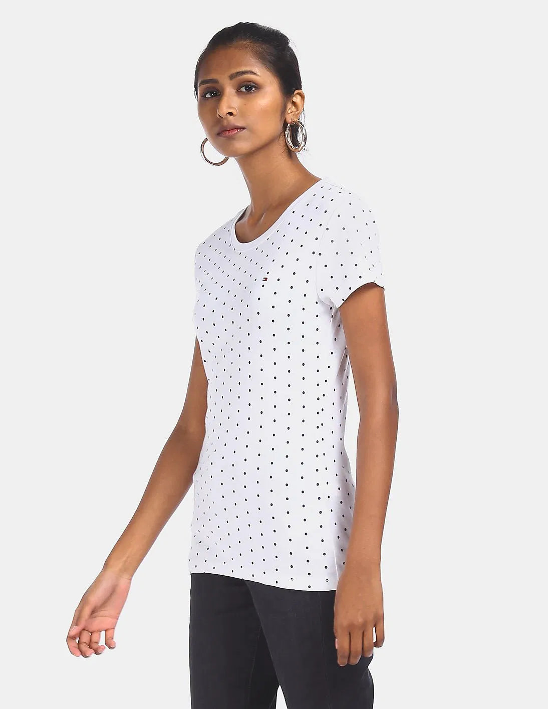 TOMMY HILFIGER Women White and navy Crew Neck Allover Polka Dot Print T-Shirt