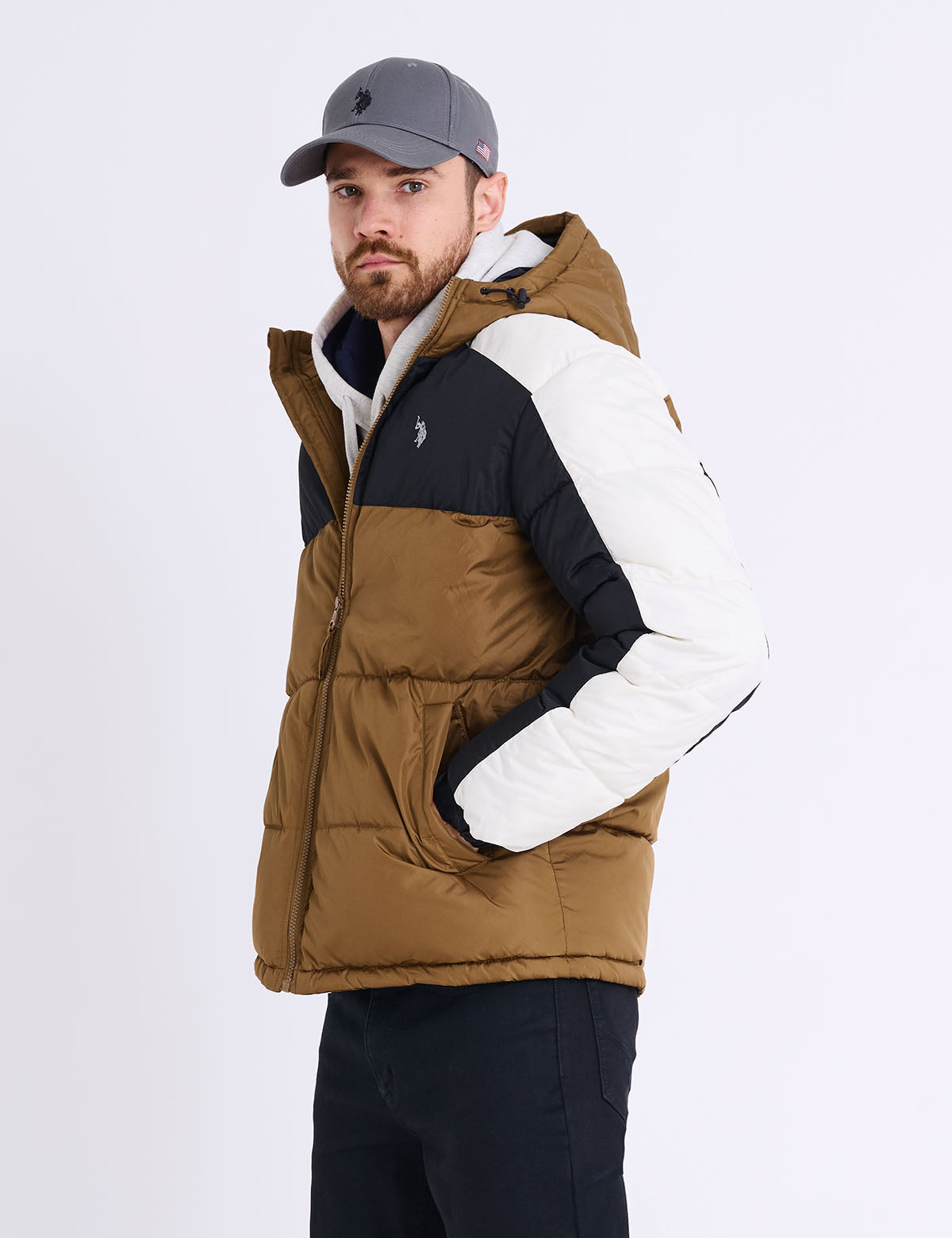 US Polo Assn Tri Color Block Hooded Puffer Jacket - HIPPO US Brands US. POLO ASSN