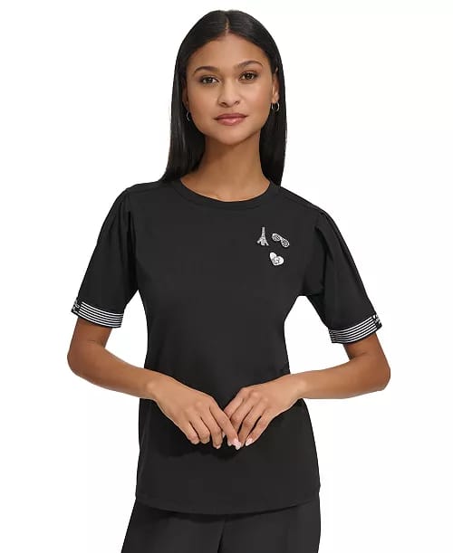 KARL LAGERFELD PARIS Striped-Cuff Patch T-Shirt