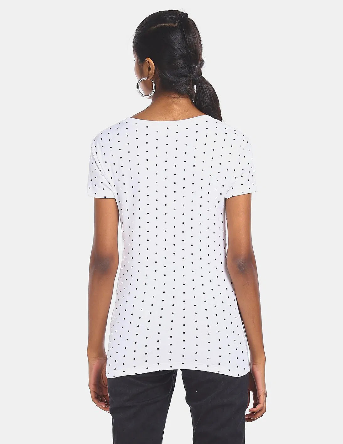TOMMY HILFIGER Women White and navy Crew Neck Allover Polka Dot Print T-Shirt
