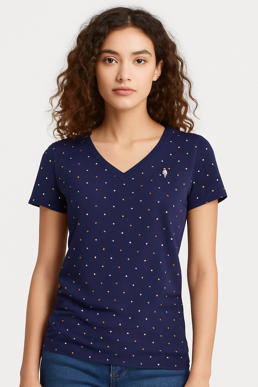 US. POLO ASSN.  Women's Navy Polka Dot V-Neck T-Shirt