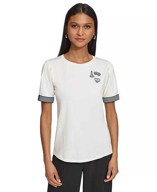KARL LAGERFELD PARIS Striped-Cuff Patch T-Shirt