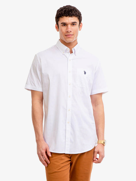 US. POLO ASSN. Men's Short Sleeve Stretch Poplin Button Down Shirt