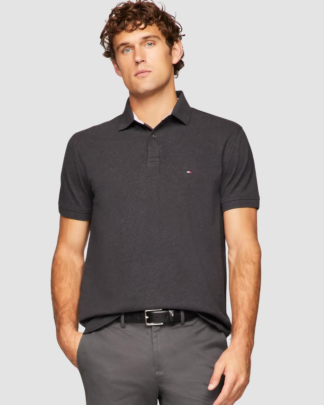 TOMMY HILFIGER Original Men Solid Cotton Polo Shirt 2 buttons (Dark Grey)