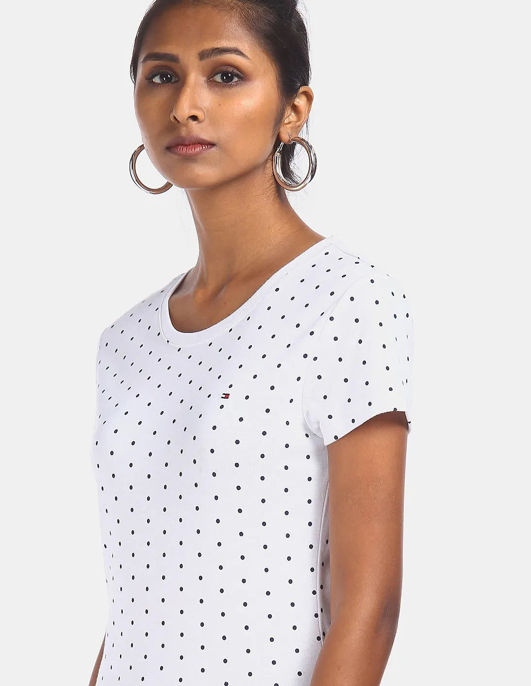 TOMMY HILFIGER Women White and navy Crew Neck Allover Polka Dot Print T-Shirt