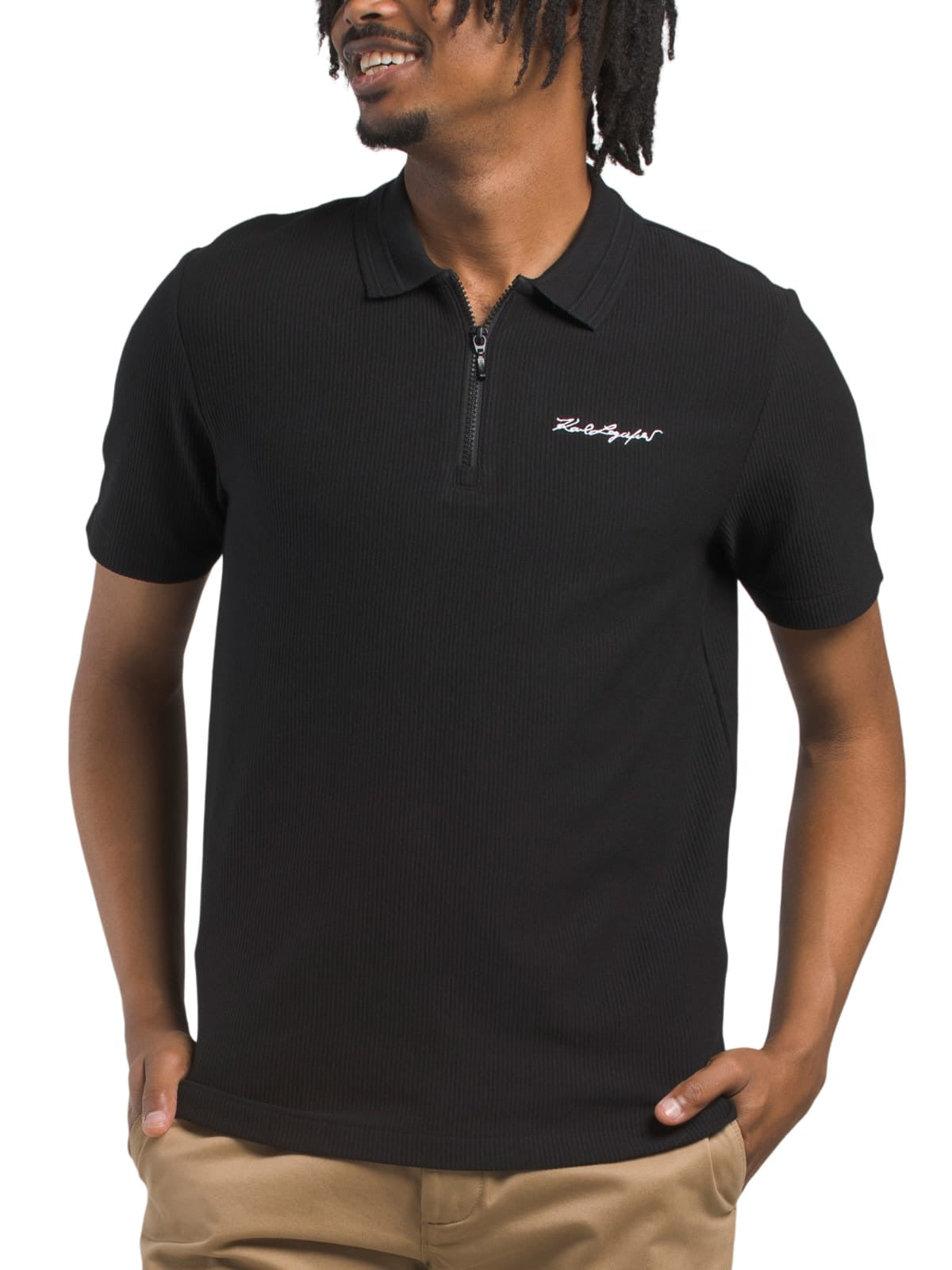 KARL LAGERFELD RIB ZIP SIGNATURE LOGO POLO