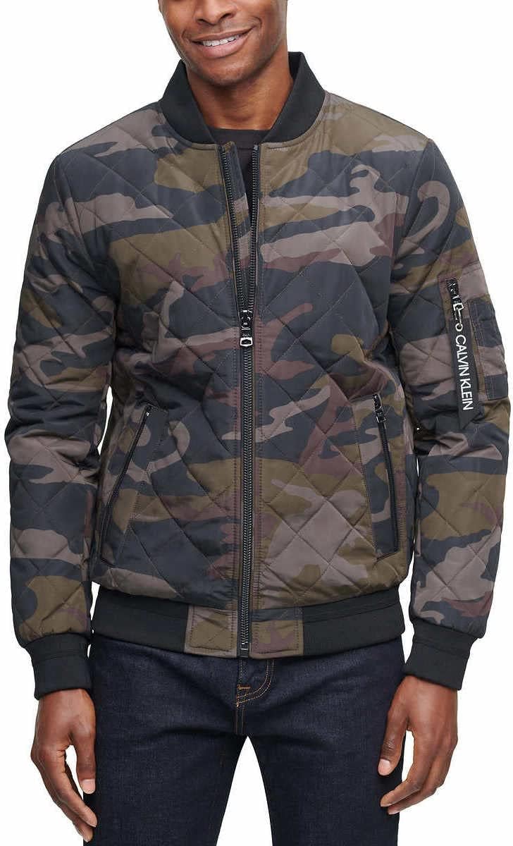 CALVIN KLEIN Men's Army Fatigue Ribbed Collar Quilted Bomber Jacket