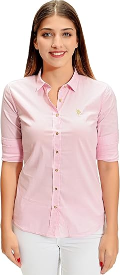 US. POLO ASSN Women's Lilac Linen Blend Long Sleeve Basic Shirt