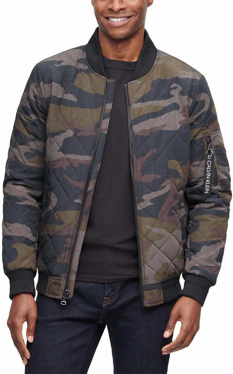 CALVIN KLEIN Men's Army Fatigue Ribbed Collar Quilted Bomber Jacket