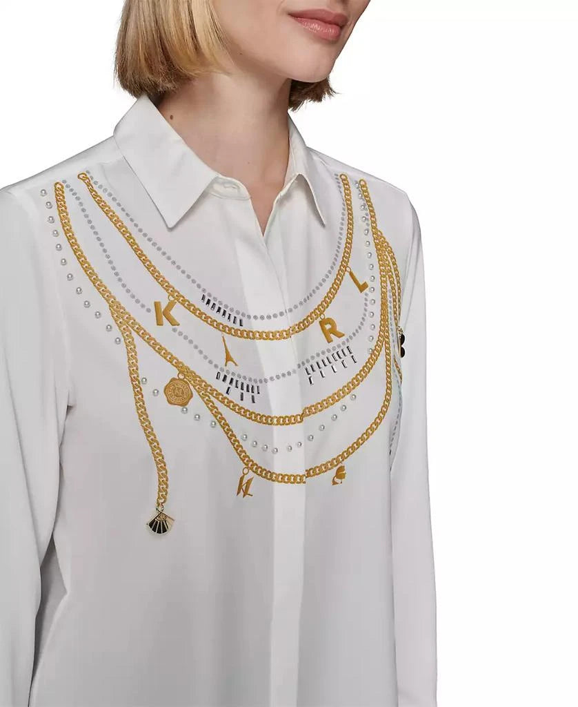 KARL LAGERFELD PARIS Women's Chain-Printed Button-Front Top, Regular & Petite
