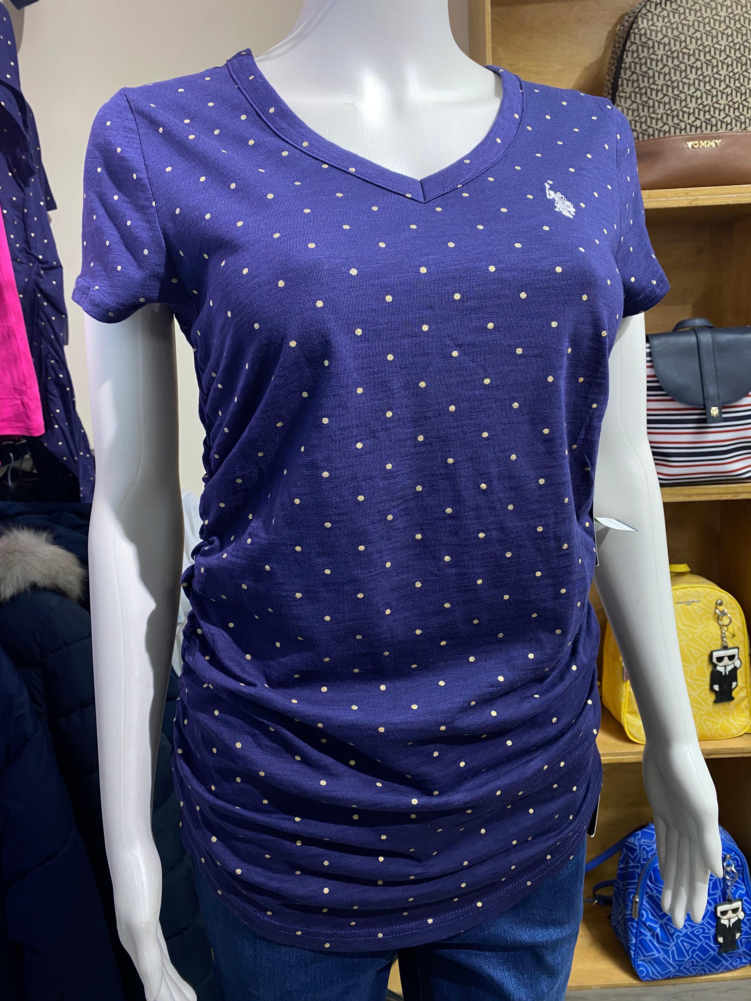 US. POLO ASSN.  Women's Navy Polka Dot V-Neck T-Shirt