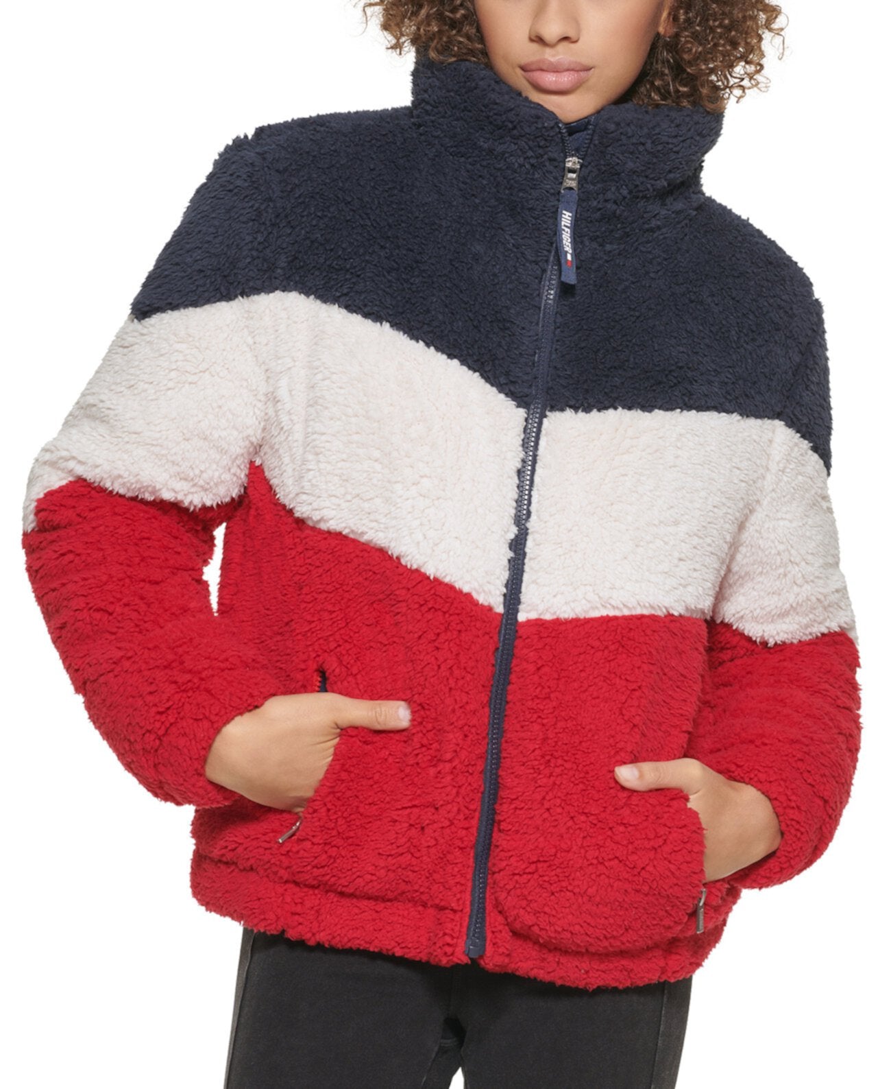 TOMMY HILFIGER Women's Fleece Color Block Chevron Puffer Jacket