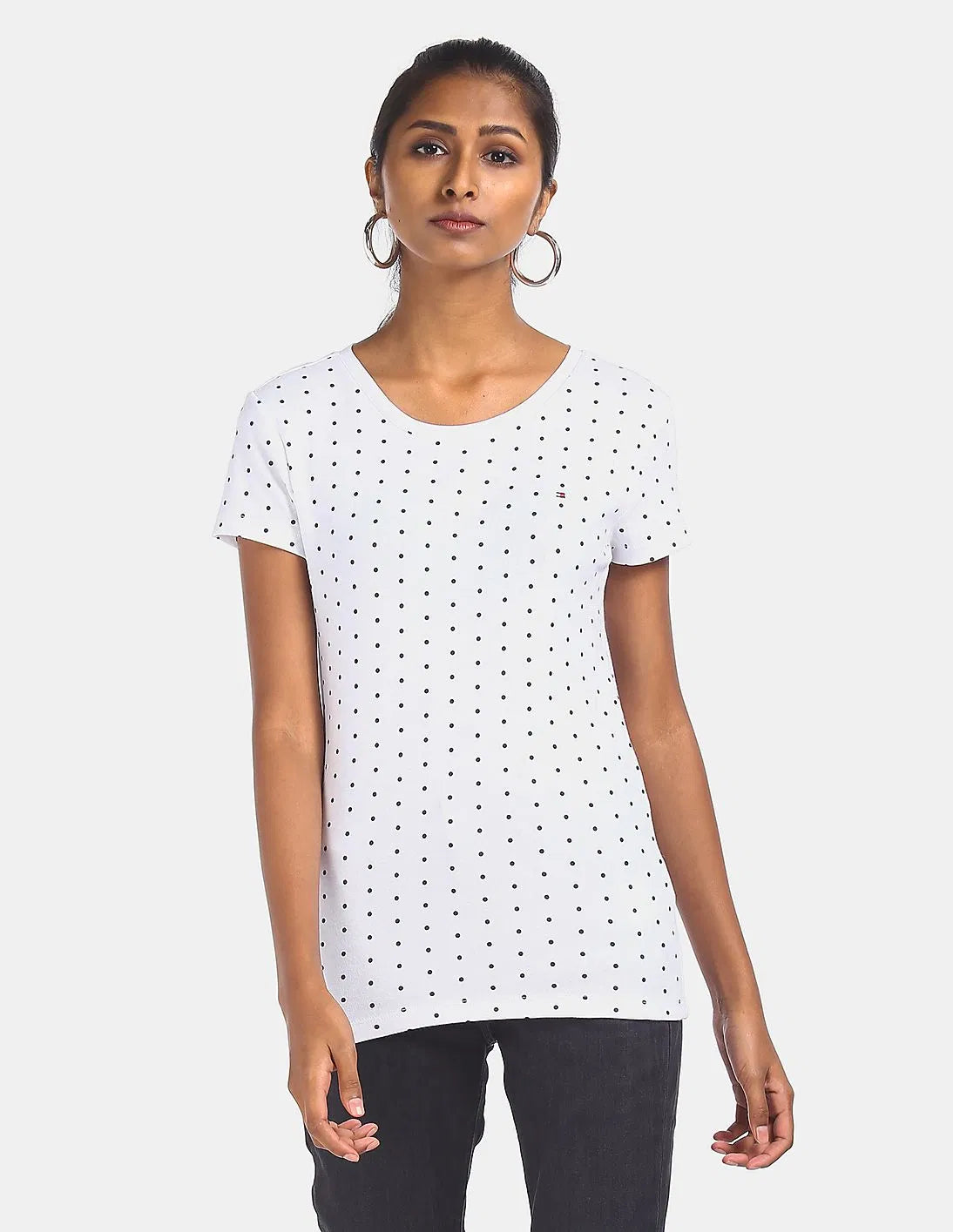 TOMMY HILFIGER Women White and navy Crew Neck Allover Polka Dot Print T-Shirt
