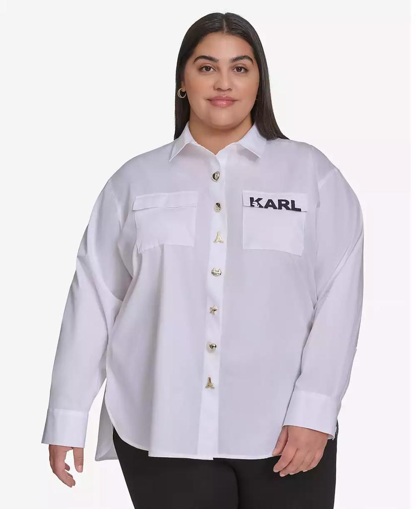 KARL LAGERFELD PARIS Plus Size Cotton Poplin Motif Button-Up Shirt, Exclusively at Macy's