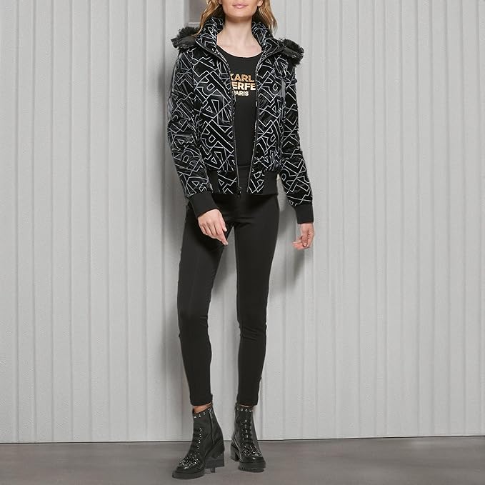 KARL LAGERFELD PARIS Women's Removable Faux Fur Trim Coat