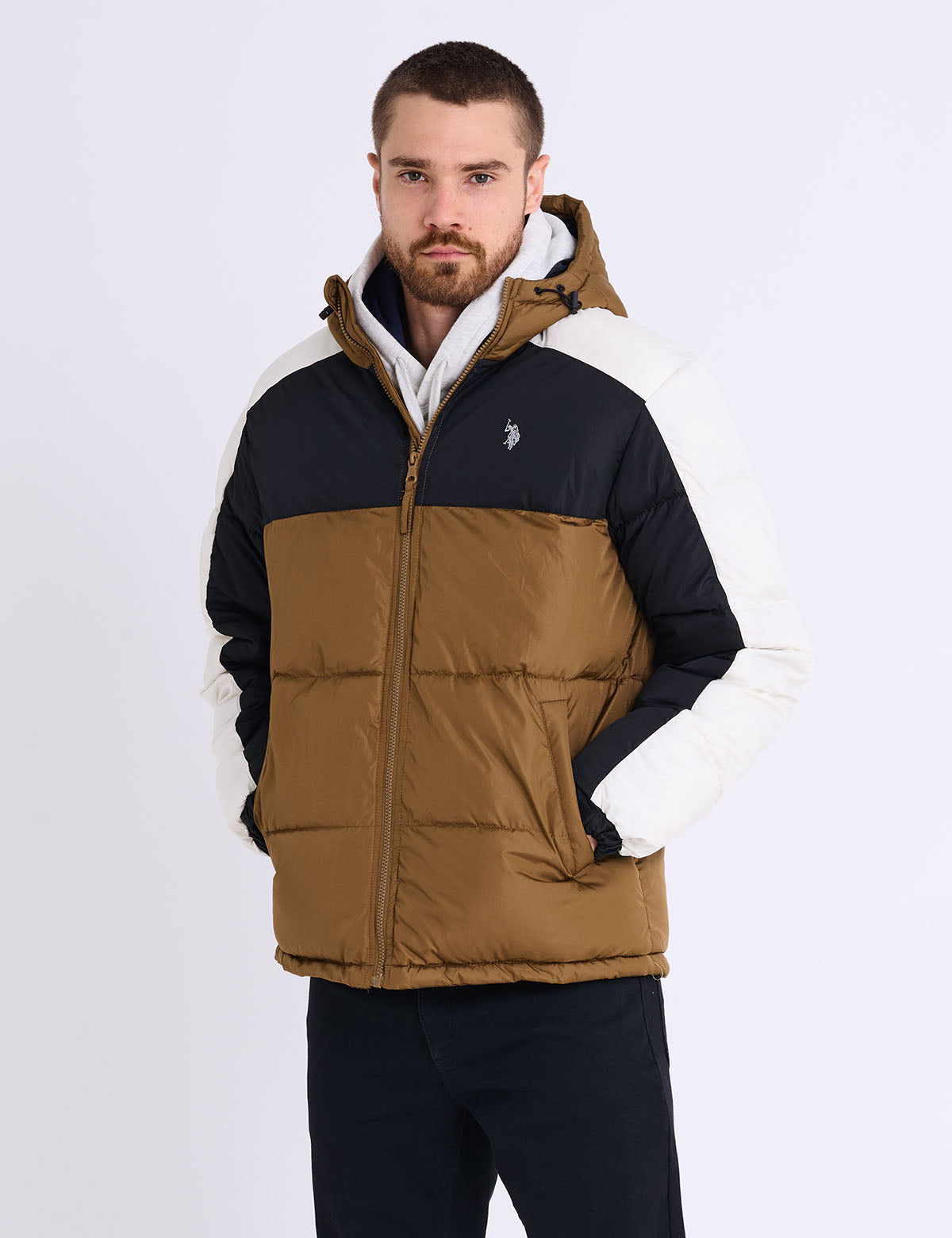 US Polo Assn Tri Color Block Hooded Puffer Jacket - HIPPO US Brands US. POLO ASSN