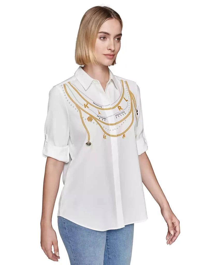 KARL LAGERFELD PARIS Women's Chain-Printed Button-Front Top, Regular & Petite